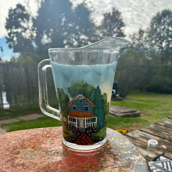 Vintage Handpainted Heavy Tall Glass Pitcher with Handle Made In USA